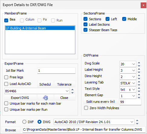 Exporting RC Details to DXF File and MasterRC | MasterSeries Help